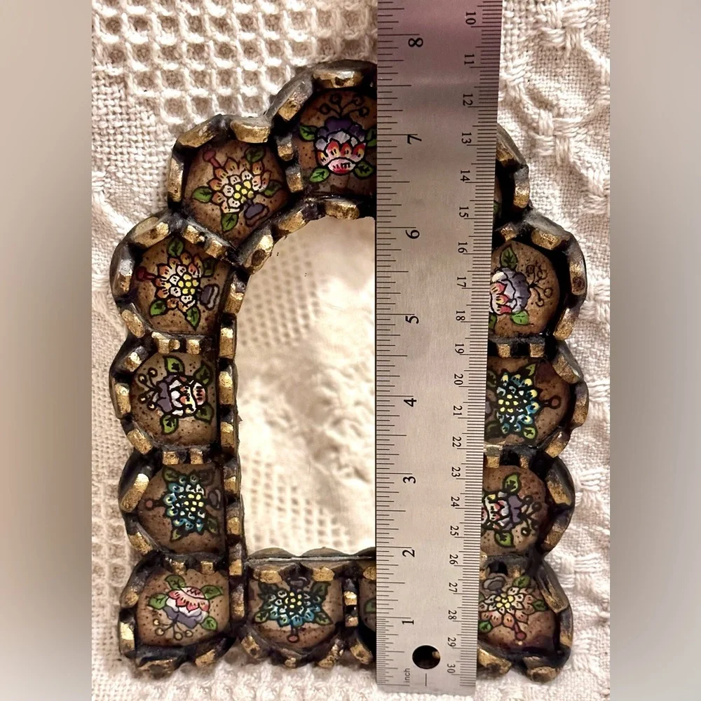 Handcrafted Floral Motifs Painted Glass Wood Arch Wall Mirror Black Bronze Leaf